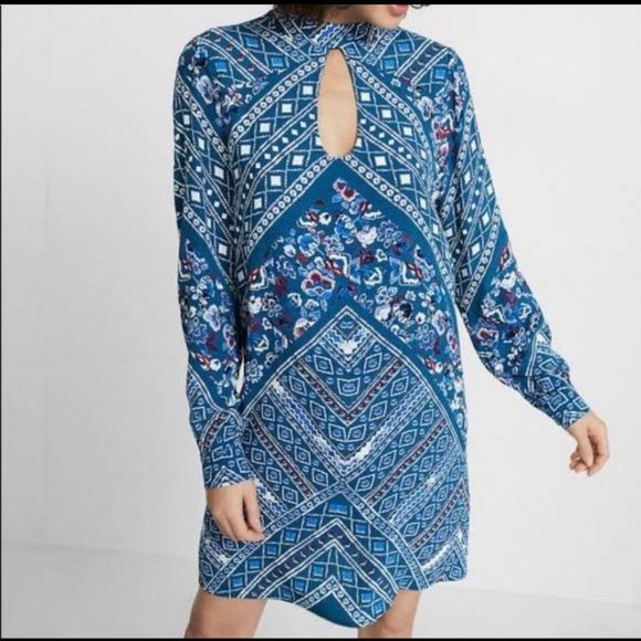 Express cobalt blue floral print key hole long sleeve dress size S - Picture 1 of 8